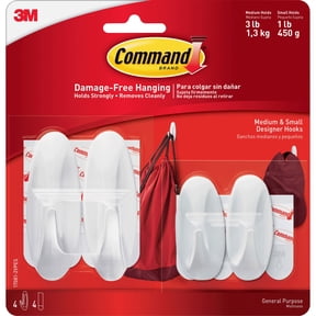 General Purpose Designer Hooks Small/Medium, 3 lb Cap, White, 4 Hooks and 4 Strips/Pack