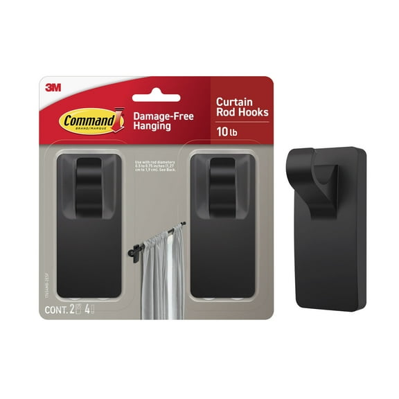 Command Matte Black Curtain Rod Hooks, 2 Hooks, 4 Adhesive Strips