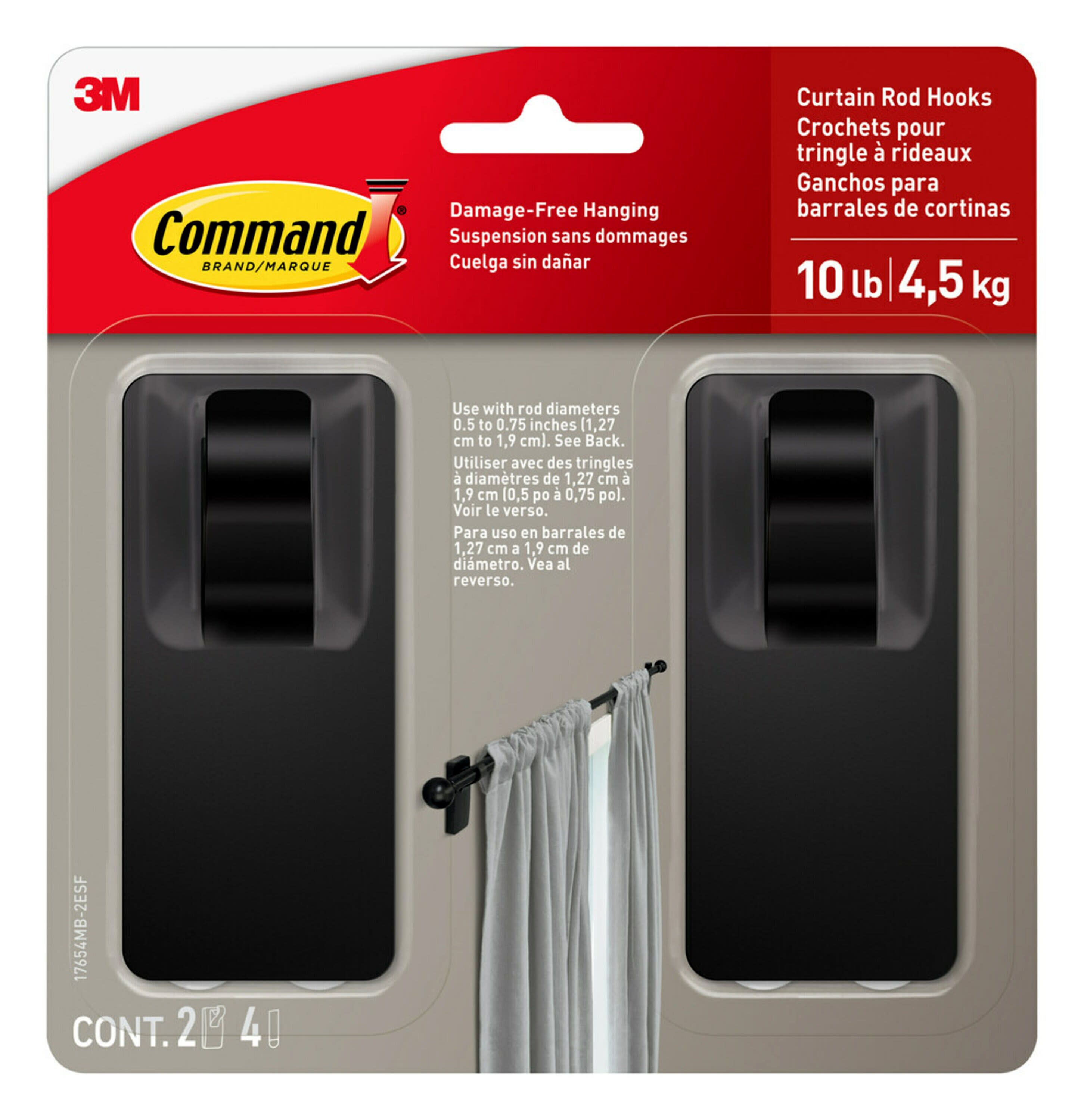 Command Matte Black Curtain Rod Hooks, 2 Hooks, 4 Adhesive Strips ...