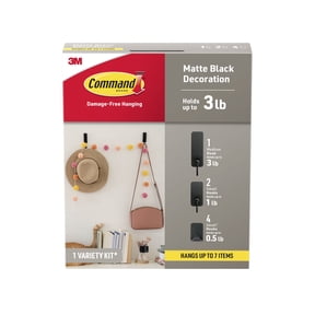 Command Hooks Matte Black Decorations Variety Kit, Holds up to 3 lb., 7 Wall Hooks Total