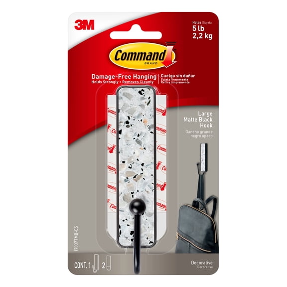 Command Matte Black Hook, Large, Terrazzo Finish, 1 Hook, 2 Strips