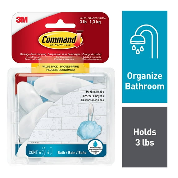 Command Medium Bath Hook Value Pack, Frosted, 6 Wall Hooks, Bathroom Organization