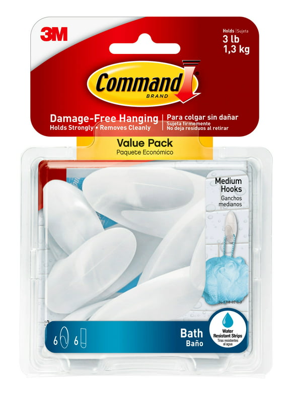 Command Medium Bath Hook Value Pack, Frosted, 6 Wall Hooks, Bathroom Organization