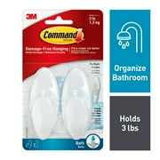 Command Medium Bath Hooks, Frosted, 2 Wall Hooks, 2 Water Resistant Strips, Bathroom Organization