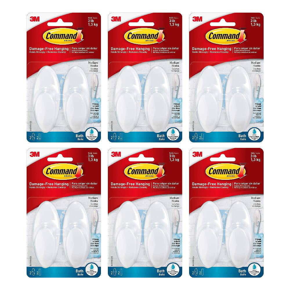 Command Medium Bath Hook Frosted Adhesive - Damage Free, Waterproof - 2 Hooks 2 Strips, 6-Pack — Residential Use, Standard Application