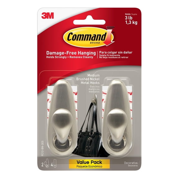 Command Medium Brushed Nickel Hooks, 2 Wall Hooks and 4 Strips, Damage-Free Hanging with Adhesive, No Tools Hanging Christmas Decorations, Holds up to 3 lb