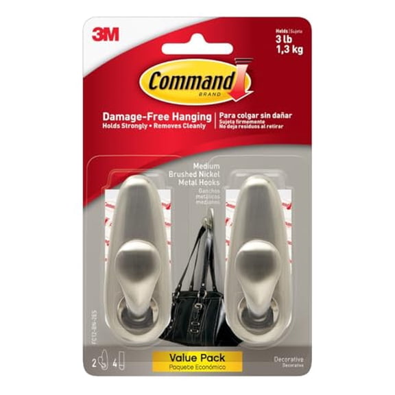 Command Medium Brushed Nickel Hooks, 2 Wall Hooks and 4 Strips, Damage-Free Hanging with Adhesive, No Tools Hanging Christmas Decorations, Holds up to 3 lb