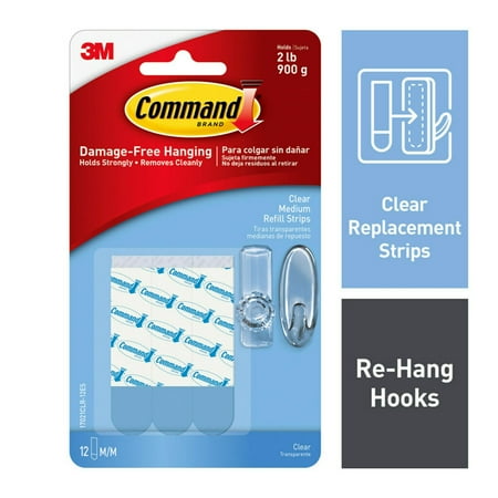 Command Medium Clear Refill Strips for Command Clear Medium Indoor Hooks, 12 Strips