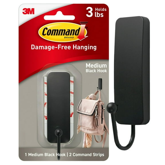 Command Medium Decorative Hooks, Matte Black, Damage Free Decorating, 1 Hook and 2 Strips