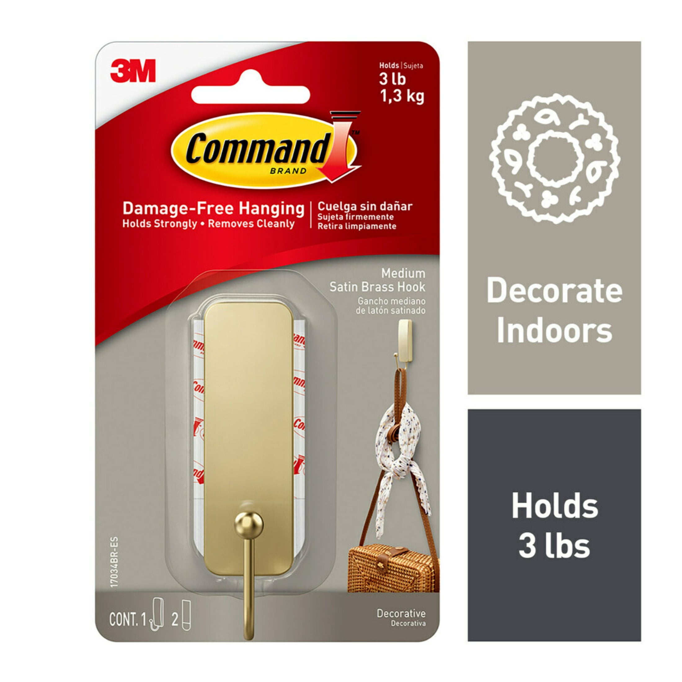 Medium Satin Brass Adhesive Wall Hook