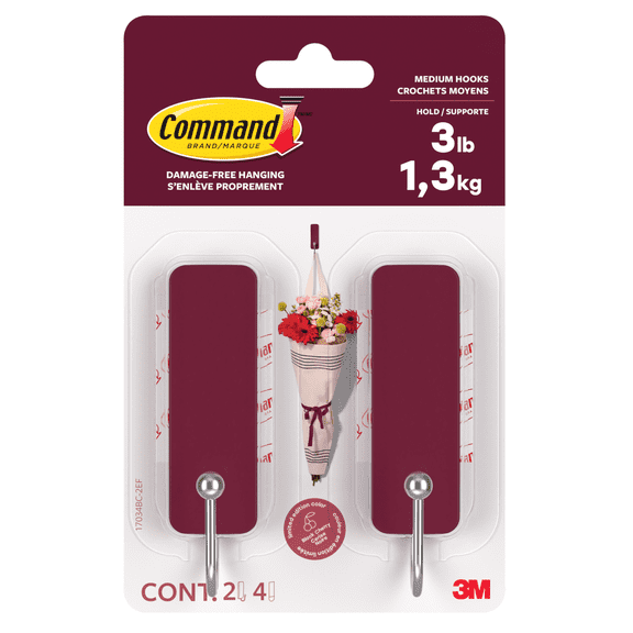 Command Medium Decorative Hooks [Removable]: 2-pack (Black Cherry)