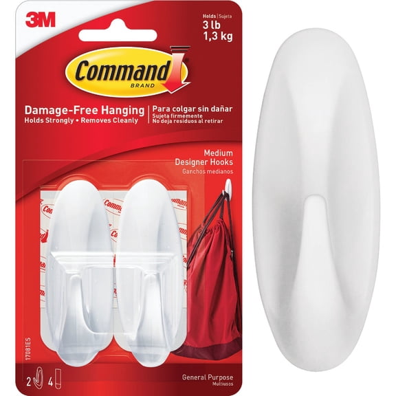 Command Medium Designer Hooks, 2 Hooks and 4 Command Strips, Damage-Free Hanging Wall Hook with Adhesive Strips, No Tools Great for Hanging, Organization and Storage, Holds up to 3 lb
