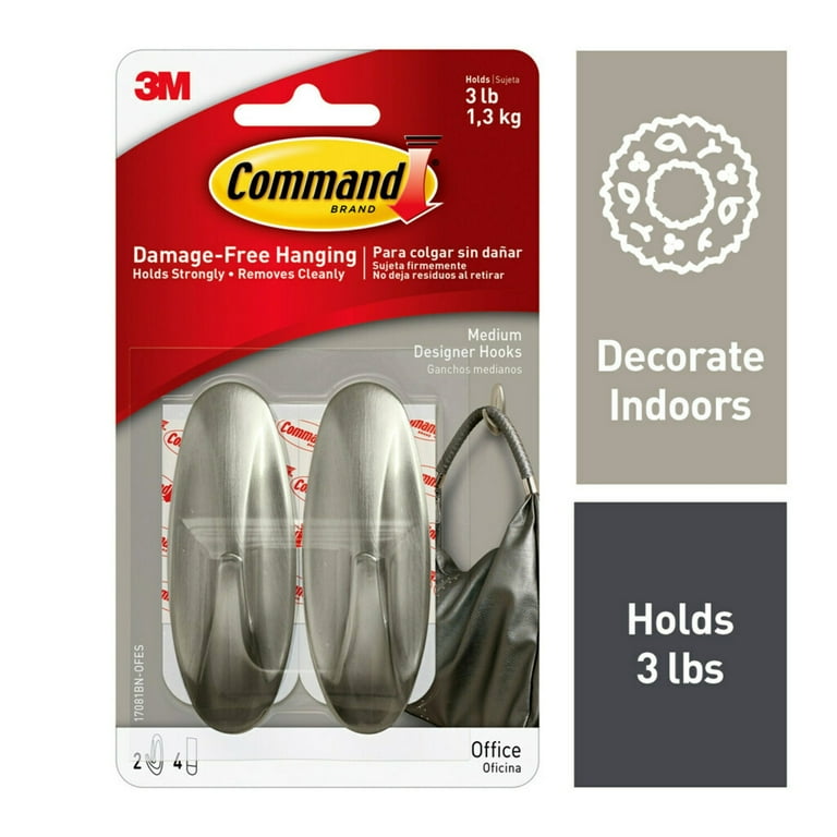 Command Medium Designer Hooks, Brushed Nickel, 4 Hooks, 6 Strips Command Medium Designer Hooks, Brushed Nickel, 4 Hooks, 6 Strips