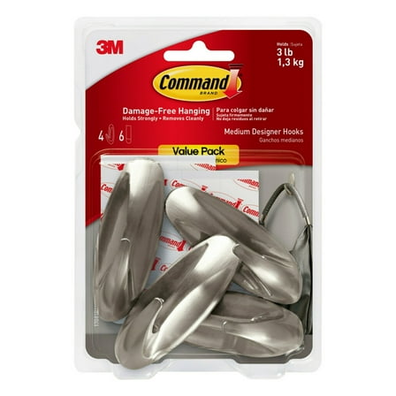 Command Medium Designer Hooks, Brushed Nickel, 4 Wall Hooks