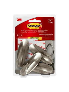 Command Medium Designer Hooks, Brushed Nickel, 4 Wall Hooks
