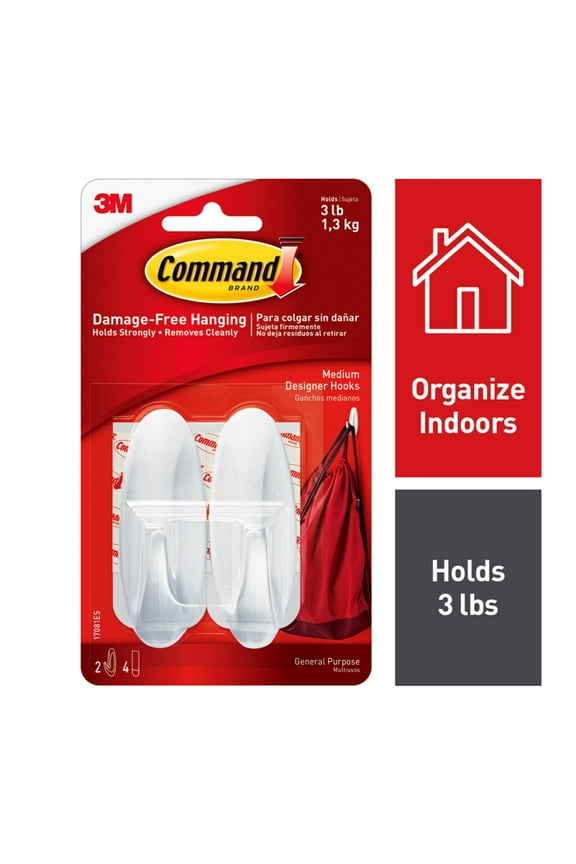Medium Designer Hooks, White, 2 Wall Hooks