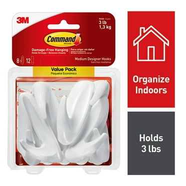 Command Medium Designer Hooks, White, 8 Wall Hooks, Damage-Free Hanging