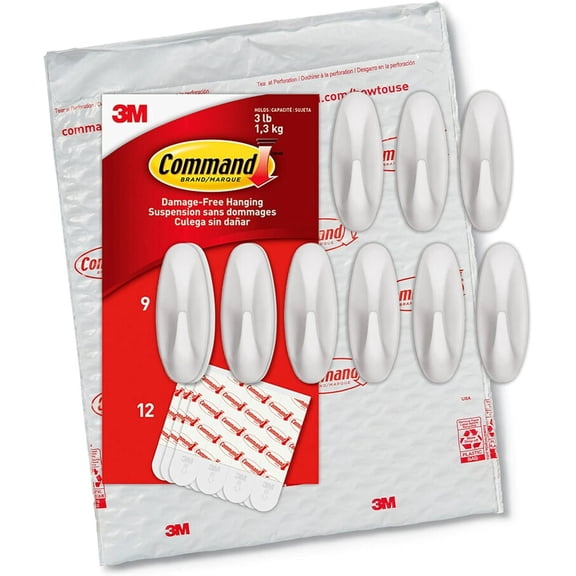 Command Medium Designer Adhesive Wall Hooks for Hanging Christmas Decorations, 9 White Damage-Free Hooks with 12 Strips