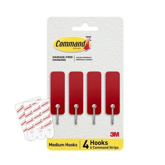 Command Medium Hooks, Chili Pepper, Holds 3 lbs, Damage-Free Hanging, 4 Hooks, 6 Adhesive Strips