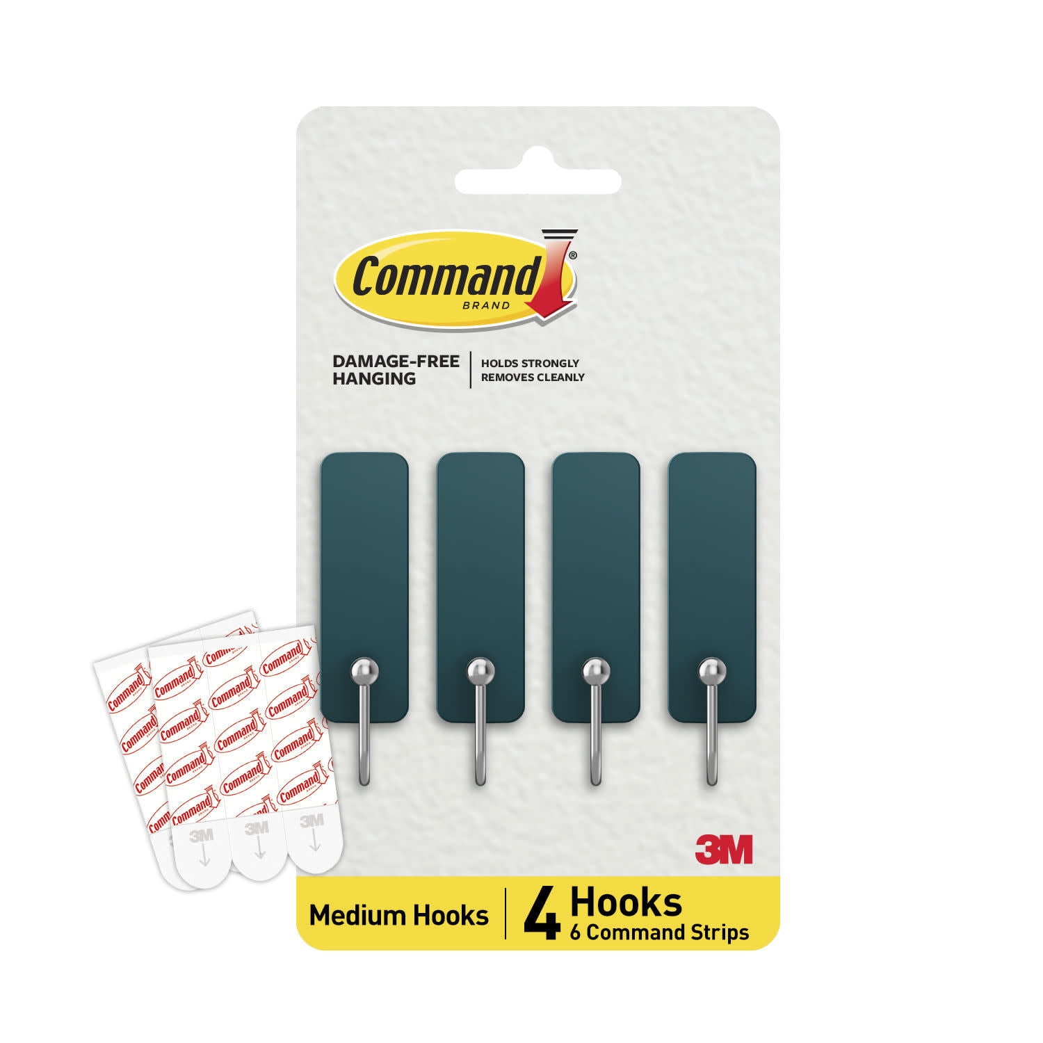 Command Medium Hooks, Twilight Teal, Holds 3 lbs, Damage-Free Hanging, 4 Hooks, 6 Adhesive Strips