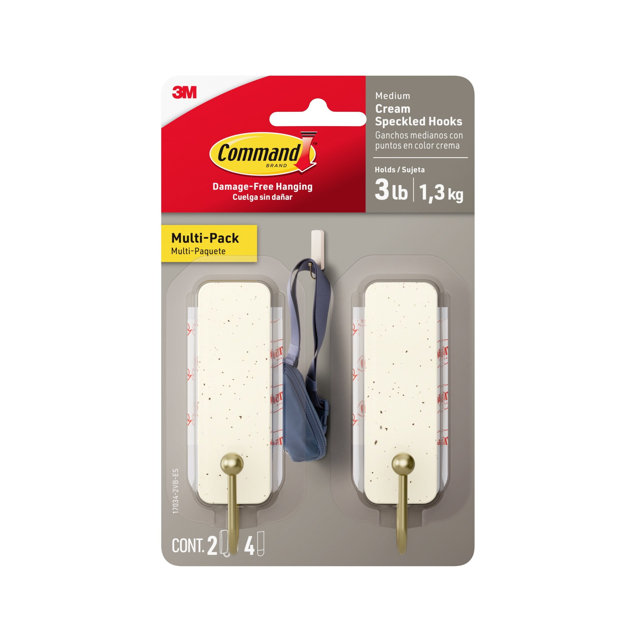 Command Medium Decorative Hooks, Cream Speckle, Holds 3 lbs., 2 Wall Hooks, 4 Strips