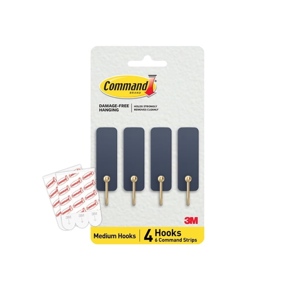 Command Medium Hooks, Juniper Berry, Holds 3 lbs, 4 Hooks, 6 Adhesive Strips
