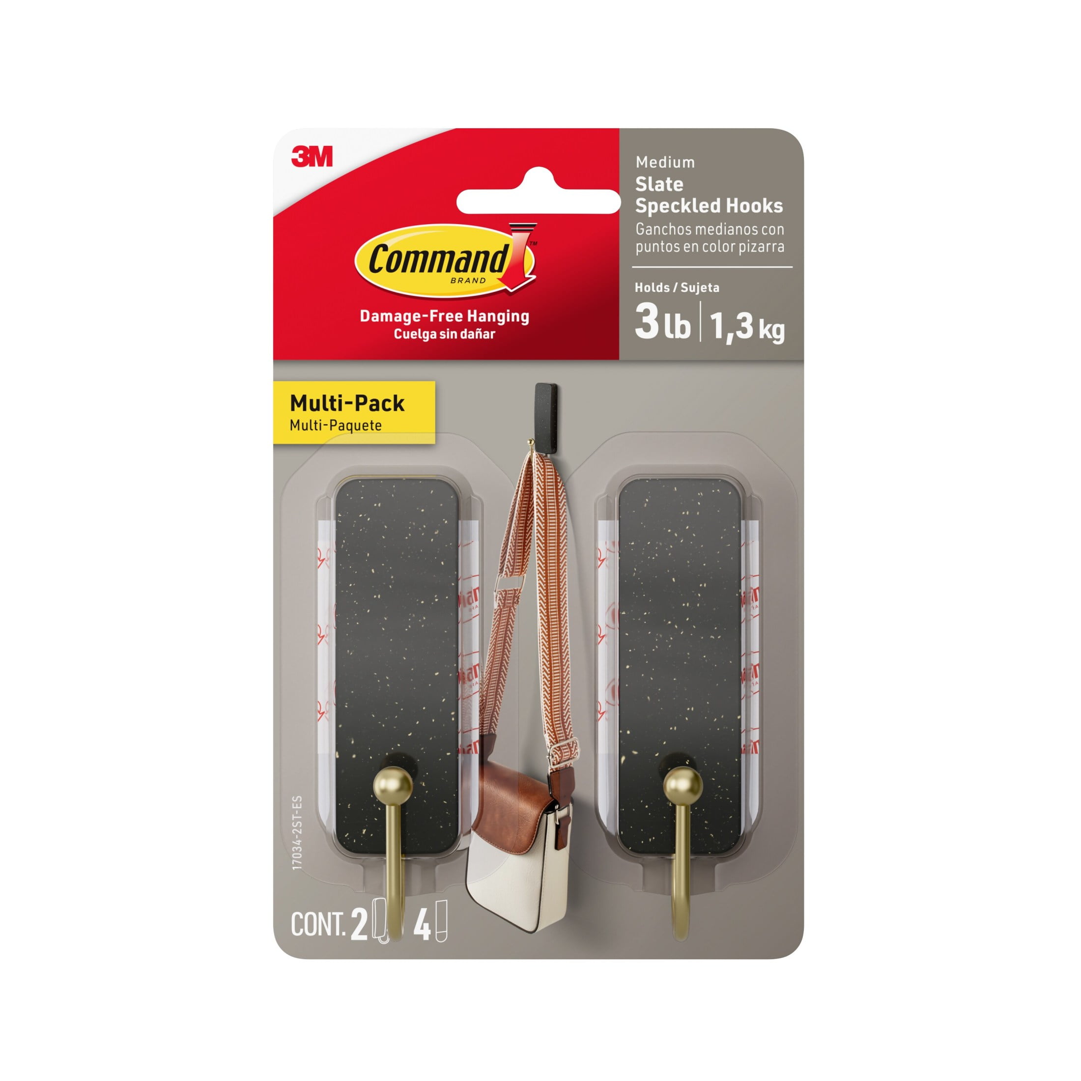 Command Medium Decorative Hooks, Slate Speckle, Holds 3 lbs., 2 Wall Hooks, 4 Strips
