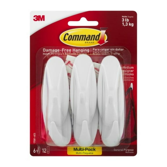 Command Medium Hooks Value Pack, White (Pack of 3)