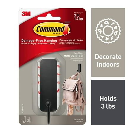 Command Medium Matte Black Hook, 1 Hook, 2 Strip, 17034MB-RR