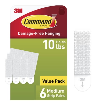 Command Medium Picture Hangers, Holds 10 lbs, White, Damage-Free Hanging, 6 Pairs Adhesive Strips