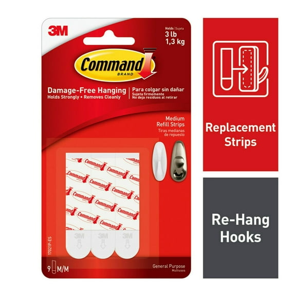 Command Medium Refill Adhesive Strips for Wall Hooks, Damage Free Hanging, 9 Strips