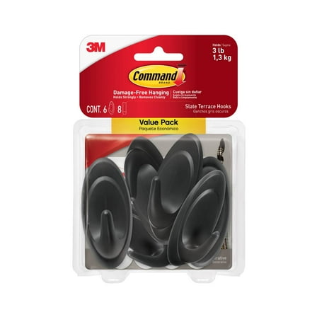 Command Medium Slate Terrace Hook Value Pack, 6 Wall Hooks