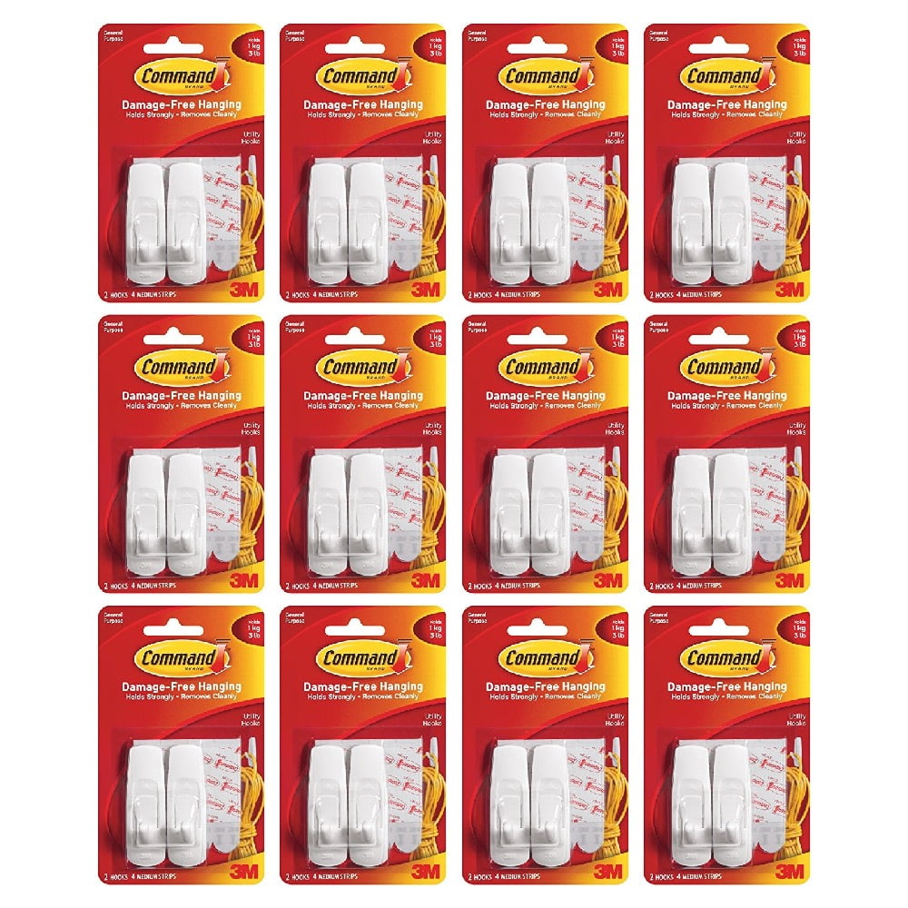 Command Medium Utility Hooks Adhesive 2 Hooks 4 Strips White, 12-Pack ...