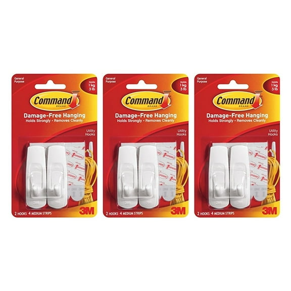 Command Medium Utility Hooks Adhesive 2 Hooks 4 Strips White, 3-Pack