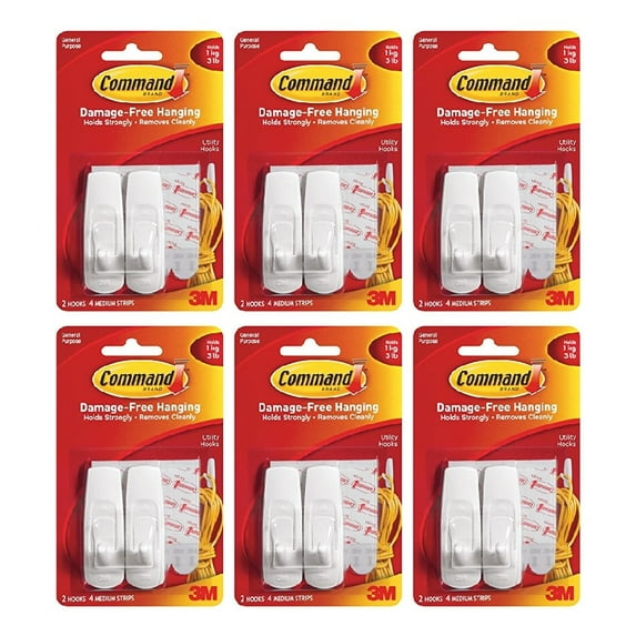Command Medium Utility Hooks Damage Free Adhesive White, 6-Pack