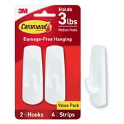 Command Medium Utility Hooks, White, Damage Free Organizing, 2 Hooks and 4 Command Strips
