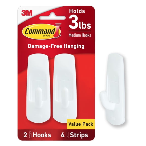 Command Medium Utility Hooks, White, Damage Free Organizing, 2 Hooks and 4 Command Strips