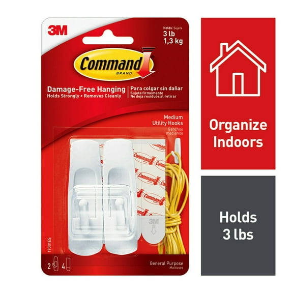 Command Medium Utility Hooks, White, Damage Free Organizing, 2 Hooks and 4 Command Strips