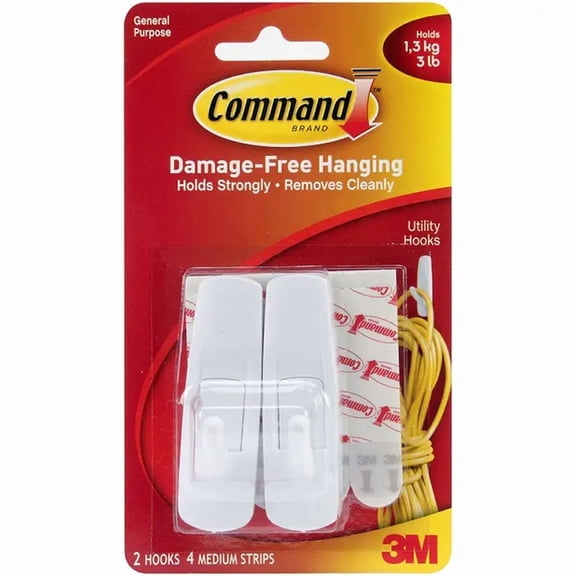 Command Medium Utility Hooks, White, Damage Free Organizing, 2 Hooks and 4 Command Strips