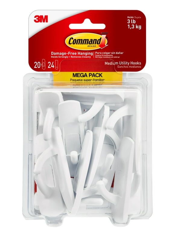 Command Medium Utility Hooks, White, Damage Free Organizing, 20 Hooks and 24 Command Strips