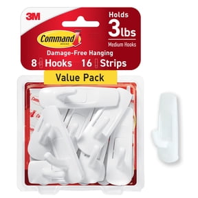 Command Medium Utility Hooks, White, Damage Free Organizing, 8 Hooks and 16 Command Strips