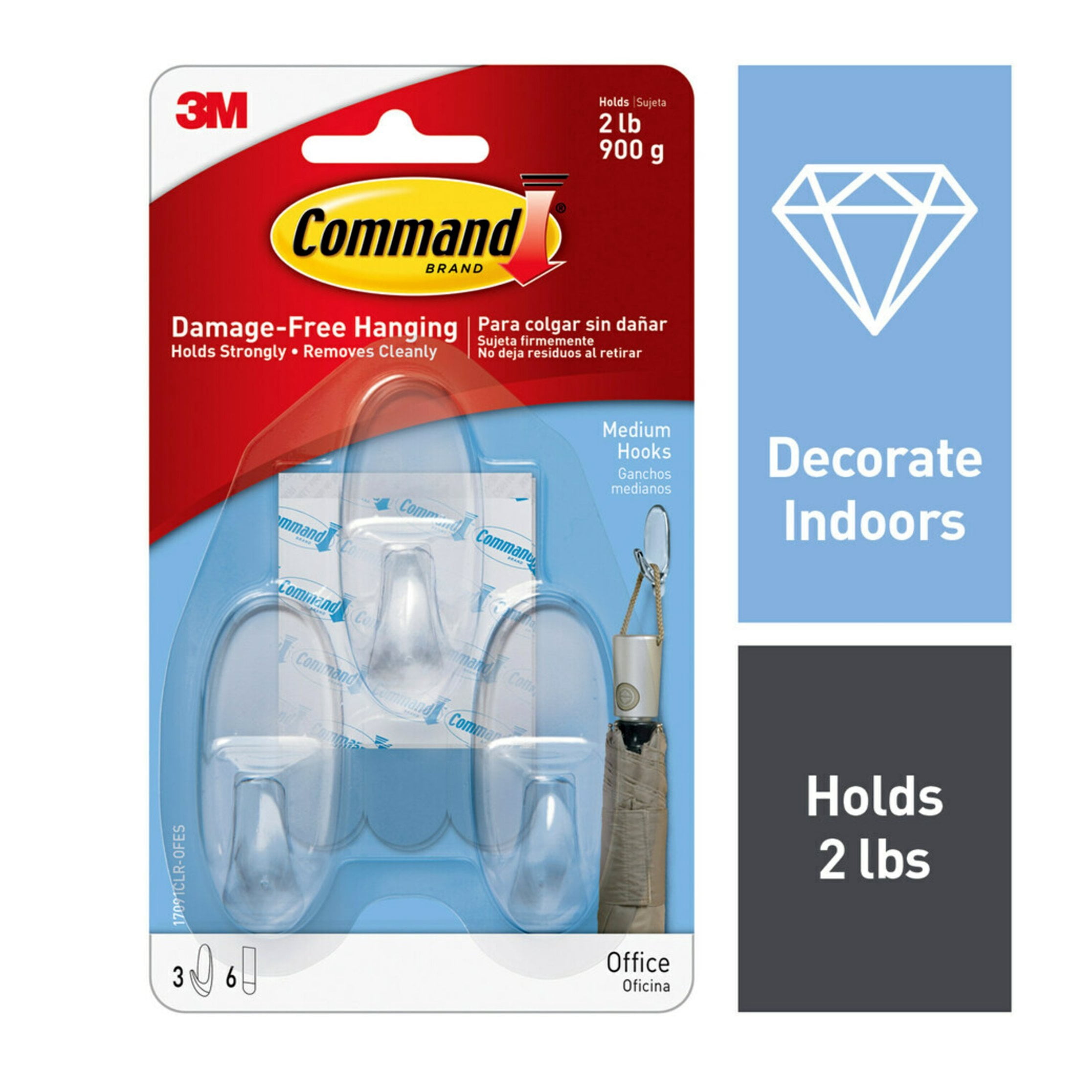 Command Medium Wall Hooks, Clear, Damage Free Decorating, 3 Hooks and 6 ...