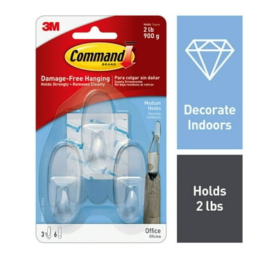 Command Medium Wall Hooks, Clear, Damage Free Decorating, 3 Hooks and 6 Command Strips