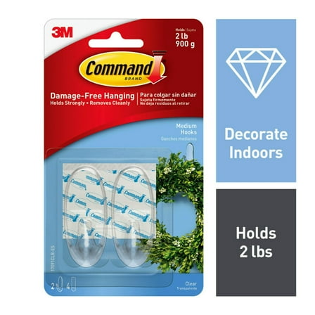 Command Medium Wall Hooks, Clear, Damage Free Hanging of Decorations, 2 Hooks