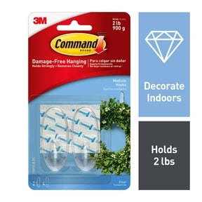 Command Medium Wall Hooks, Clear, Damage Free Hanging of Decorations, 2 Hooks