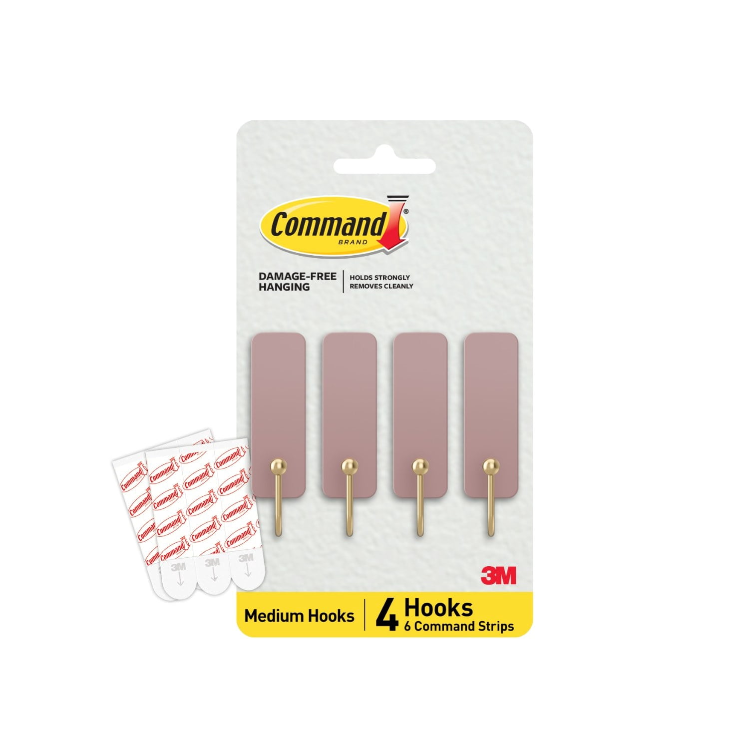 Command Medium Hooks, Dusty Rose, Holds 3 lbs, 4 Hooks, 6 Adhesive Strips