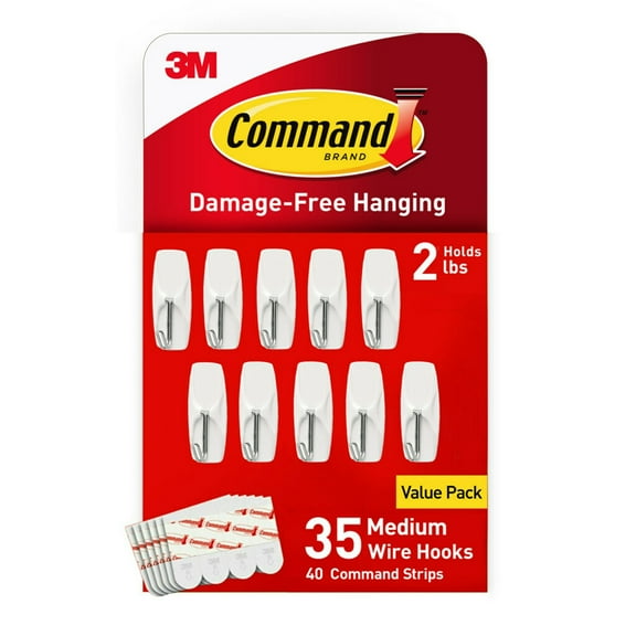 Command® Medium Wire Hooks, 35 Hooks, 40 White Adhesive Strips, Damage Free Hanging Picture Hangers, No Tools Wall Hanging Strips For Living Spaces