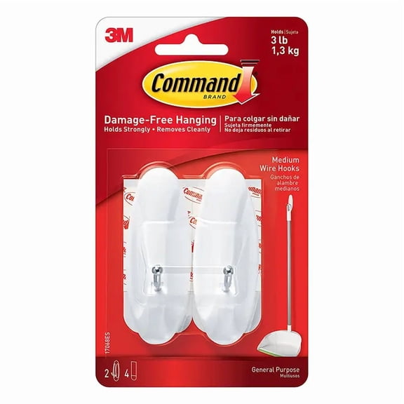 Command Medium Wire Hooks, White, 2 Hooks, 4 Strips Per Pack