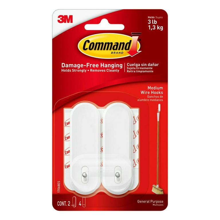 Command Medium Wire Hooks, White, 2 Hooks, 4 Strips Per Pack 