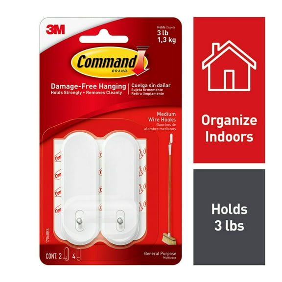 Command Medium Wire Hooks, White, 2 Hooks, 4 Strips Per Pack